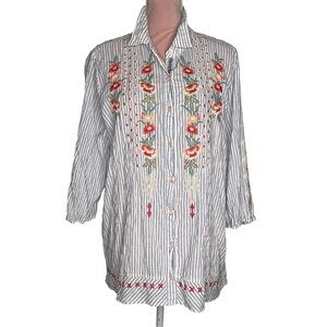 Johnny Was Blue and White Striped Shirt embroidered.